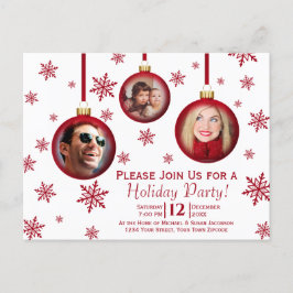 Fun Red Christmas Baubles 3 Foto Holiday Party Einladungspostkarte