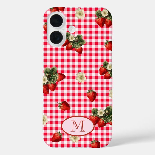 Fun Red Gingham Strawberries Custom Monogram iPhone 16 Hülle (Rückseite)