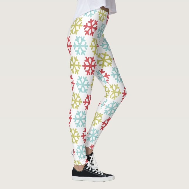 Fun Red Lime Green Aqua Blaue Schneeflocken Muster Leggings (Rechts)