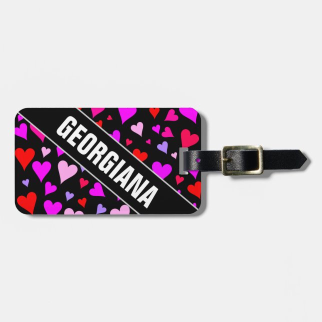 Fun Red, Pink, Lila & Magenta Herz Muster Gepäckanhänger (Vorderseite horizontal)
