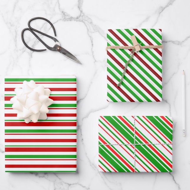 Fun Red, White, Green Christmas Inspiriert Lines Geschenkpapier Set (Vorderseite)