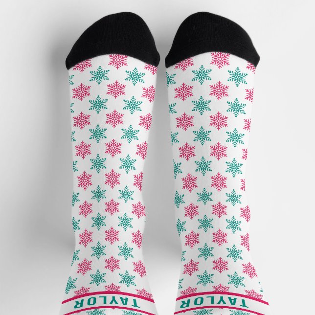Fun Red White Green Snowflakes Pattern Individuell Socken (Oben)