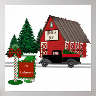 Fun Rentier Barn w Truck und Elf Sign Print Poster