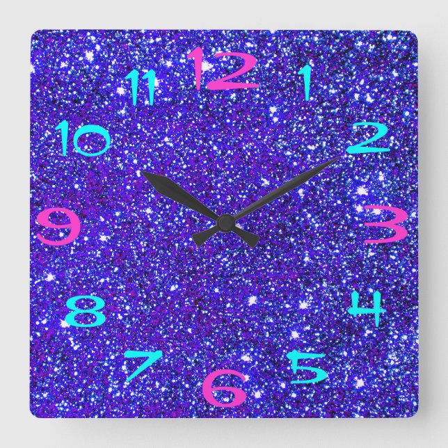 Fun Retro 80er Disco Glitzer Glam Funkelnd Quadratische Wanduhr (Vorderseite)