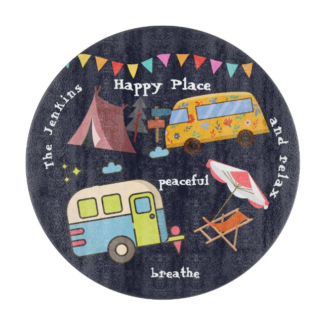 Fun Retro-Camping-Schneidebrett. Bearbeitbare Form Schneidebrett (Vorderseite)