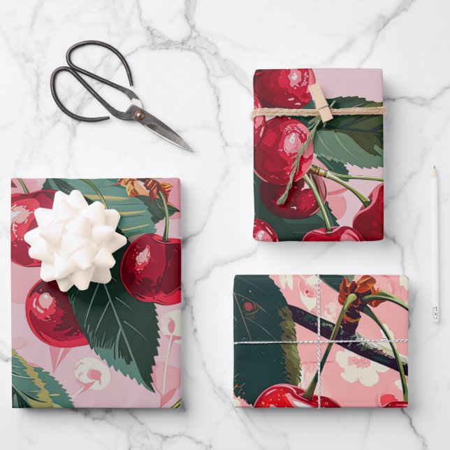 Fun Retro 'Cherry Pop' Rosa Geschenkpapier Set (Vorderseite)