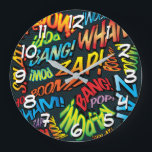 Fun Retro Comic Pop Kunst, Dichtung und Musik Große Wanduhr<br><div class="desc">Das lustige Superheld-Comic bucht Pop-Uhren, die eine große Farbvielfalt in den Zimmern rund um Ihre Zuhause oder Ihr Büro vermitteln. Ein idealer Weg, sich selbst oder jemanden, den Sie kennen, mit diesen coolen, einzigartigen Comic-Beton-Designer-Uhren zu Leckerei. Warum nicht noch etwas Zap pow und wham in Ihrem Tag heute! Entworfen von...</div>