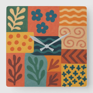 Fun Retro Garden Collage Muster Motif Quadratische Wanduhr