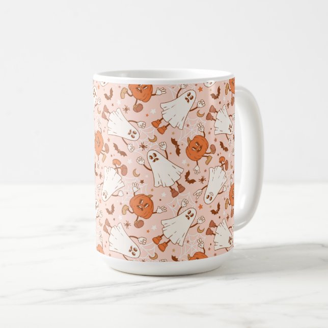 Fun Retro Ghost & Jack-O-Lantern Muster Kaffeetasse (VorderseiteRechts)