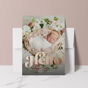 Fun Retro hallo Rose Gold Foto Geburtsankündigung Folieneinladung