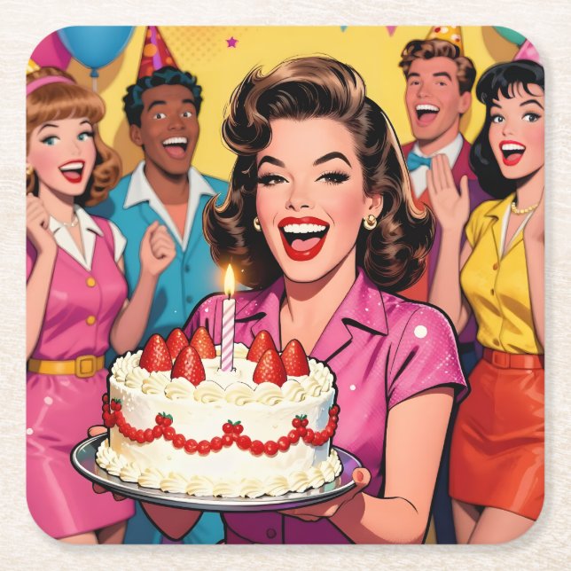 Fun Retro Pop Art Comic Mid-Century Birthday Rechteckiger Pappuntersetzer (Vorderseite)
