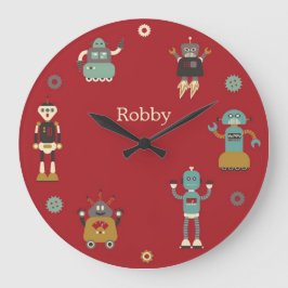 Fun Retro Robots Illustrated Pattern (Red) Große Wanduhr