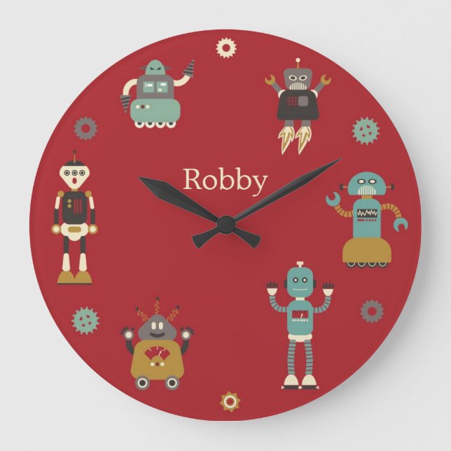 Fun Retro Robots Illustrated Pattern (Red) Große Wanduhr (Vorderseite)