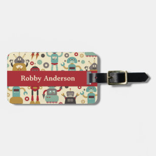 Fun Retro Robots Illustriertes Muster (Cream) Gepäckanhänger