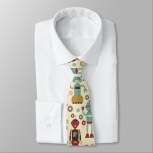 Fun Retro Robots Illustriertes Muster (Cream) Krawatte