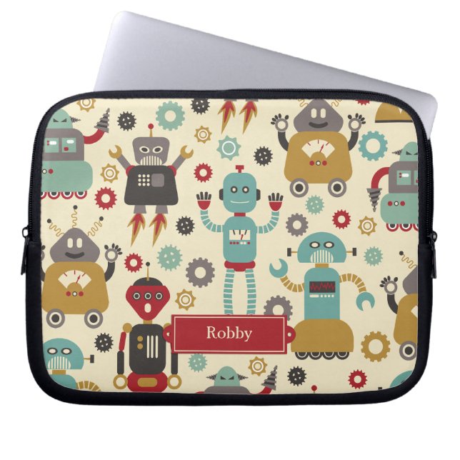 Fun Retro Robots Illustriertes Muster (Cream) Laptopschutzhülle (Vorderseite)