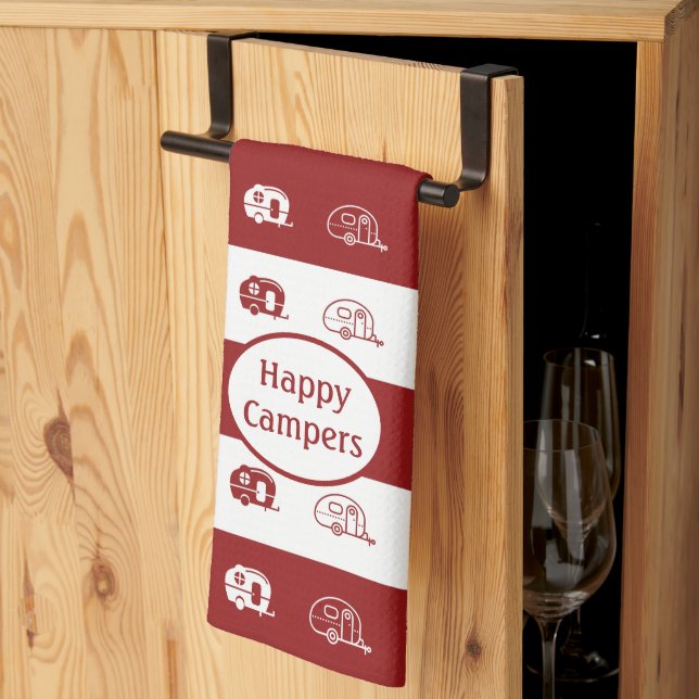 Fun Retro RV Happy Campers in Deep Red und White Geschirrtuch (Drittel gefaltet)
