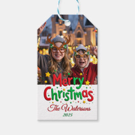 Fun Retro Script Merry Christmas Letterpress Photo Geschenkanhänger