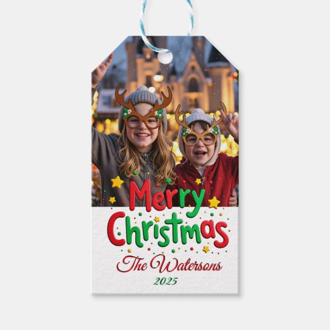 Fun Retro Script Merry Christmas Letterpress Photo Geschenkanhänger (Vorderseite)