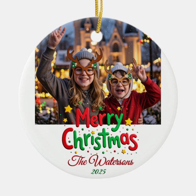 Fun Retro Script Merry Christmas Letterpress Photo Keramik Ornament (Vorne)