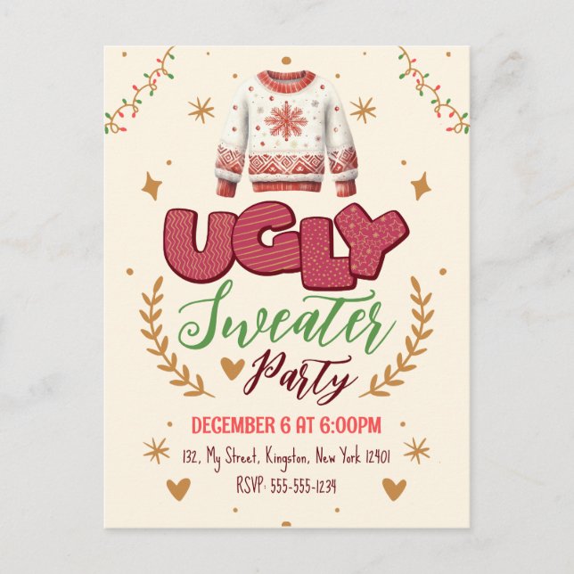 Fun Retro Ugly Sweater Weihnachts-Party Einladungspostkarte (Vorderseite)
