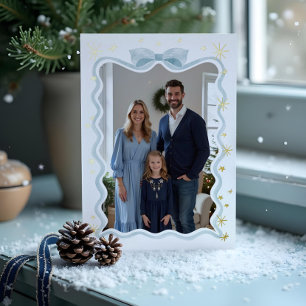 Fun Retro Wavy Blue Ribbon & Stars Foto Weihnachte Folien Feiertagskarte