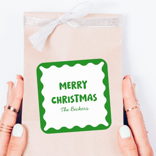 Fun Retro Wavy Green Trendy Custom Chic Weihnachte Quadratischer Aufkleber (Von Creator hochgeladen)