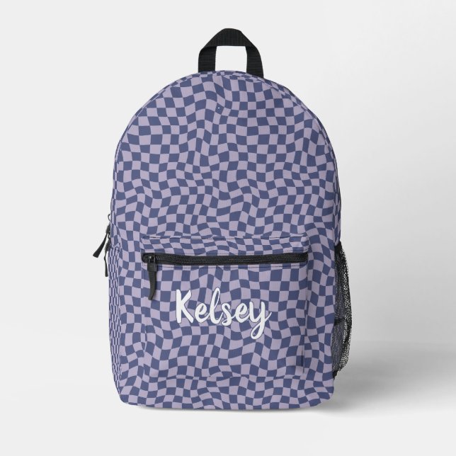 Fun Retro Wavy Karo Lila Monogram Name Bedruckter Rucksack (Vorderseite)