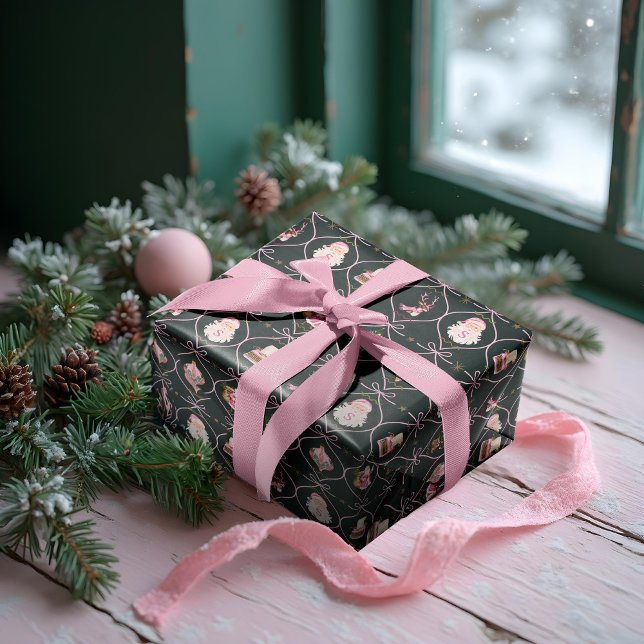 Fun Retro Weihnachten Weihnachten Rosa Band Wasser Geschenkpapier (Fun Retro Vintage Christmas Pink Ribbon Watercolor Green Wrapping Paper)