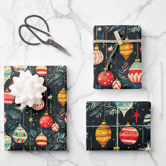 Fun Retro Weihnachtsbaum Ornamente Geschenkpapier Set (Vorderseite)