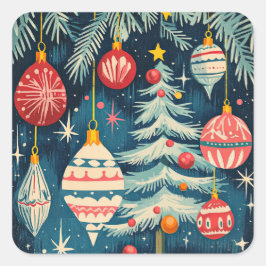 Fun Retro Weihnachtsbaumen Ornamente Quadratischer Aufkleber
