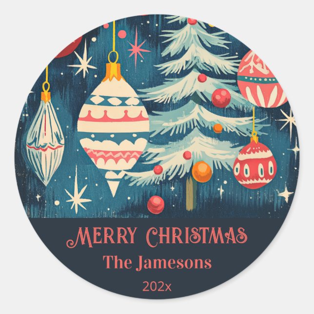 Fun Retro Weihnachtsbaumen Ornamente Runder Aufkleber (Vorderseite)