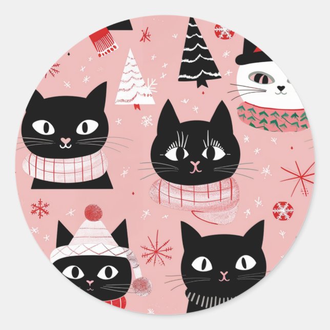 Fun Retro Weihnachtskatzen auf Rosa Runder Aufkleber (Vorderseite)