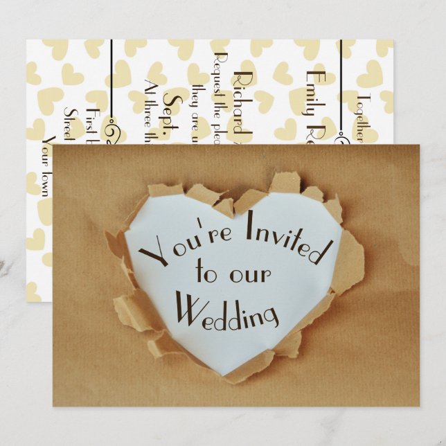 Fun Ripped Brown Paper Bag Heart Wedding Einladung (Vorne/Hinten)