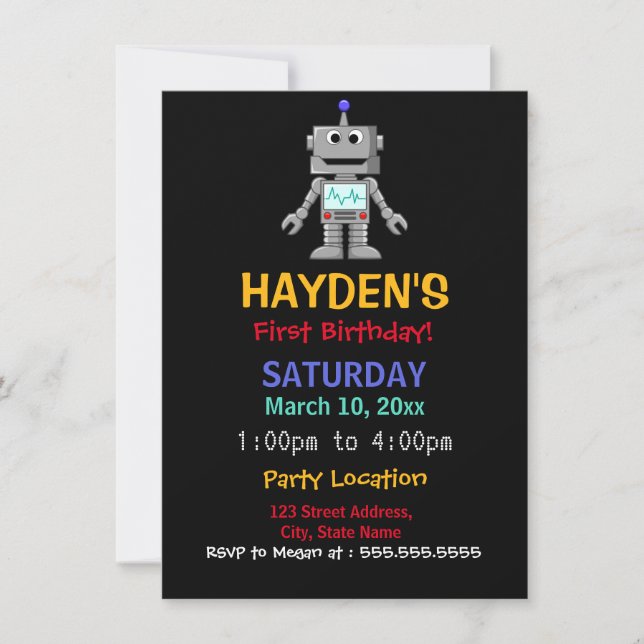 Fun Robot First Birthday Party Invitation (Devant)