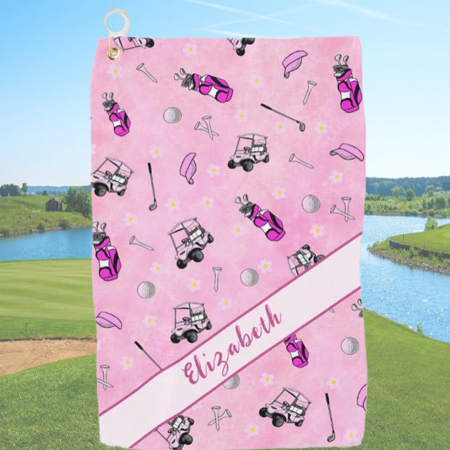 Fun rosa Golfwagen und Getriebe personalisierter N Golfhandtuch (Von Creator hochgeladen)