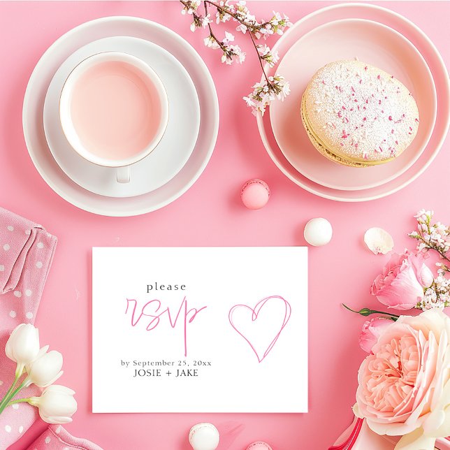 Fun rosa Liebe Herzklammer uAwg Begleitkarte (Simple and clean pink and white "rsvp" wedding response card with a pink hand drawn style love heart)