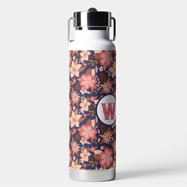Fun rosa Retro Blumenmuster Monogramm Trinkflasche (Vorderseite)