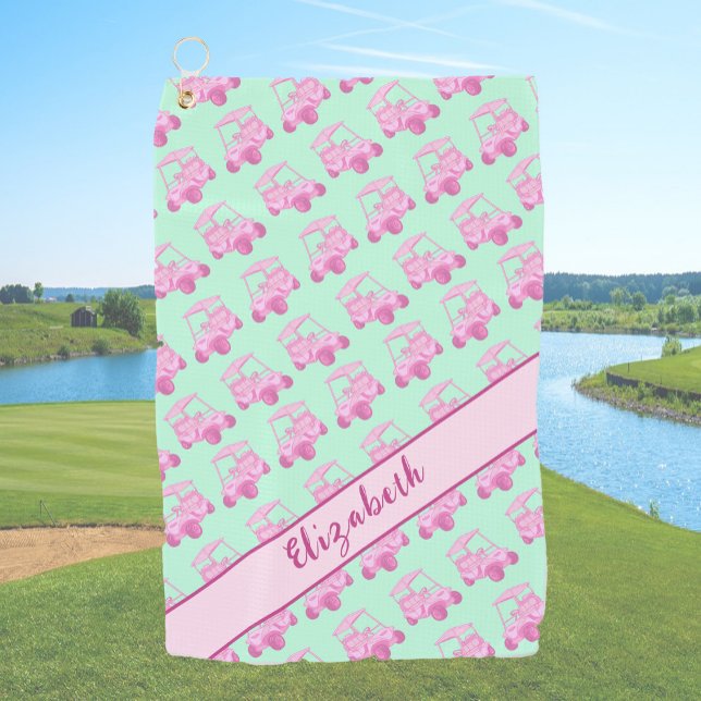 Fun rosa und grüner Golfwagen personalisierter Nam Golfhandtuch (Von Creator hochgeladen)