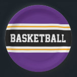 Fun Royal Lila Black Yellow BASKETBALL Streifen Pappteller<br><div class="desc">Dieses sportliche Design zeichnet sich durch fett formatierten BASKETBALL-Text in einem breiten schwarzen,  horizontalen Mitte-Rennstreifen aus,  der mit zwei schwebenden weißen Pinstreifen gegen königlich lila Außenstreifen hervorgehoben wurde. Der Text kann personalisiert sein.</div>