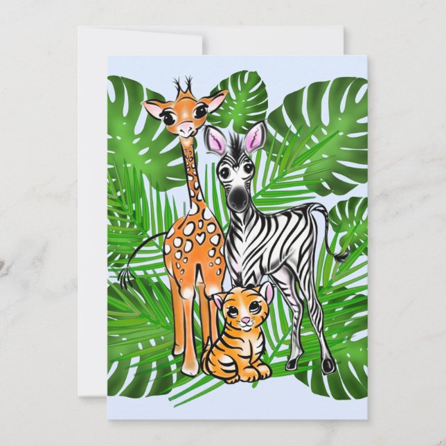 Fun Safari Friends giraffe zebra tiger palm Blätte Einladung (Vorderseite)