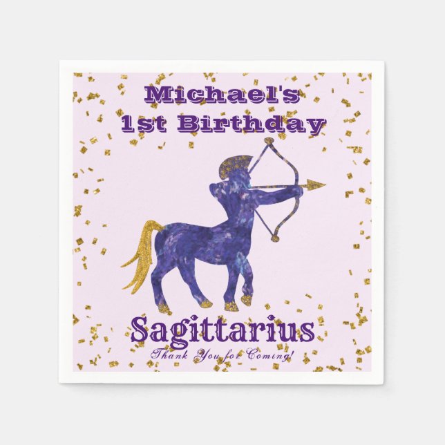 Fun Sagittarius Erster Geburtstag & Gold Confetti Serviette (Vorderseite)
