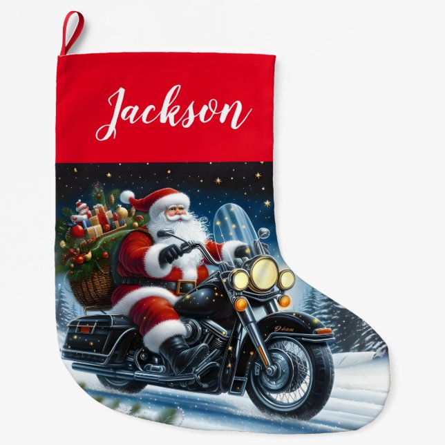 Fun Santa Claus Reiten mit einem Motorrad Großer Weihnachtsstrumpf (Vorderseite)