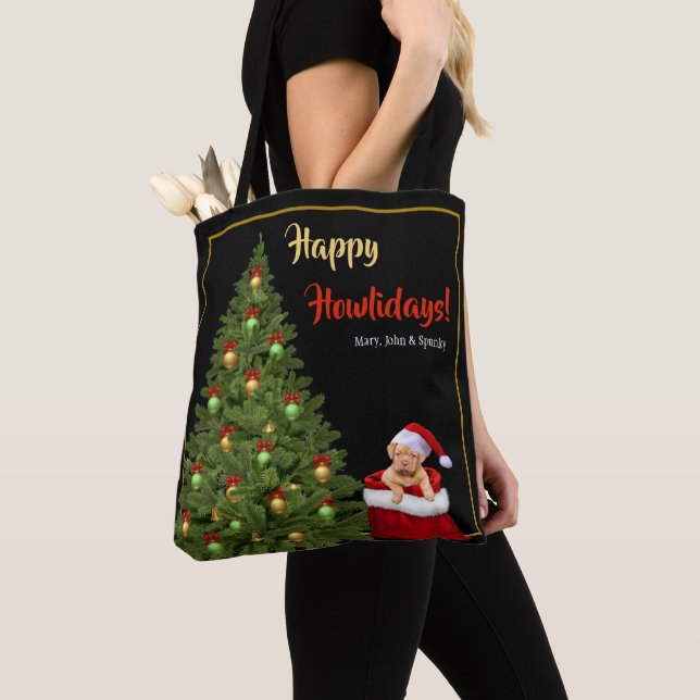 Fun Santa Puppy Christmas Tree Red Poinsettias Tasche (Von Nahem)