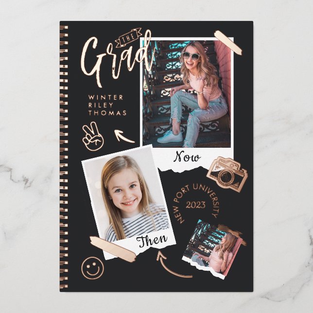 Fun Scrapbook Foto Album Notebook dann & Now Grad Folieneinladung (Vorderseite)