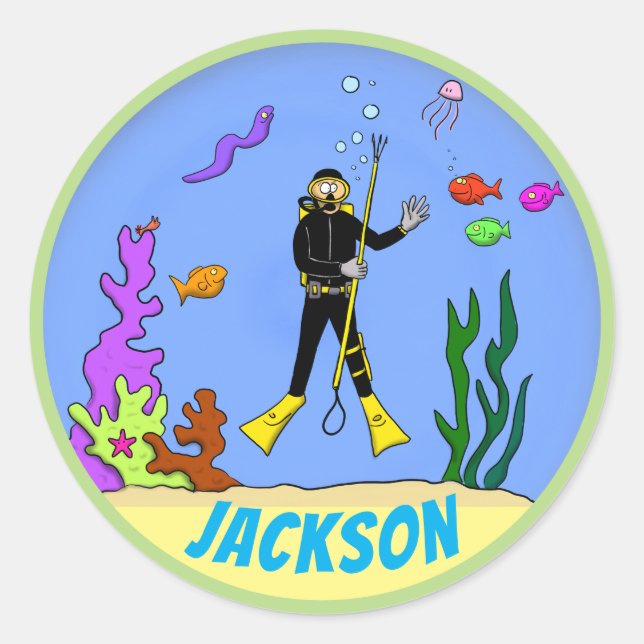 Fun Scuba Diver Cartoon mit Fischaufkleber Runder Aufkleber (Vorderseite)