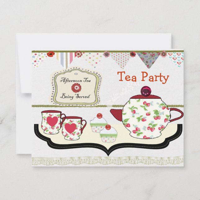 Fun Shabby Chic Tee Party Thema Einladung (Vorderseite)