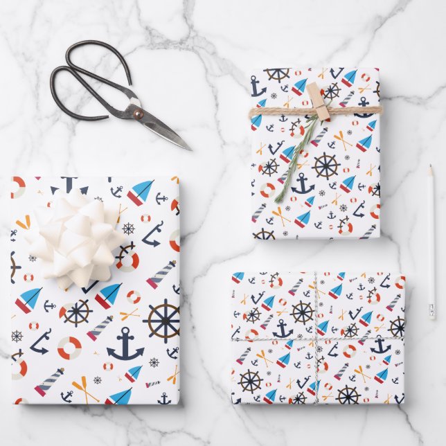 Fun Ship Ahoy Segelschiff Nautical Lighthouse Geschenkpapier Set (Vorderseite)