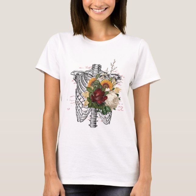 Fun Skeleton und Blumendesign Tee Shirt (Vorderseite)