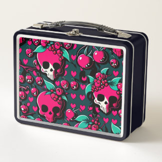 Fun Skull & Cherries Pink Black Green Art Metall Brotdose